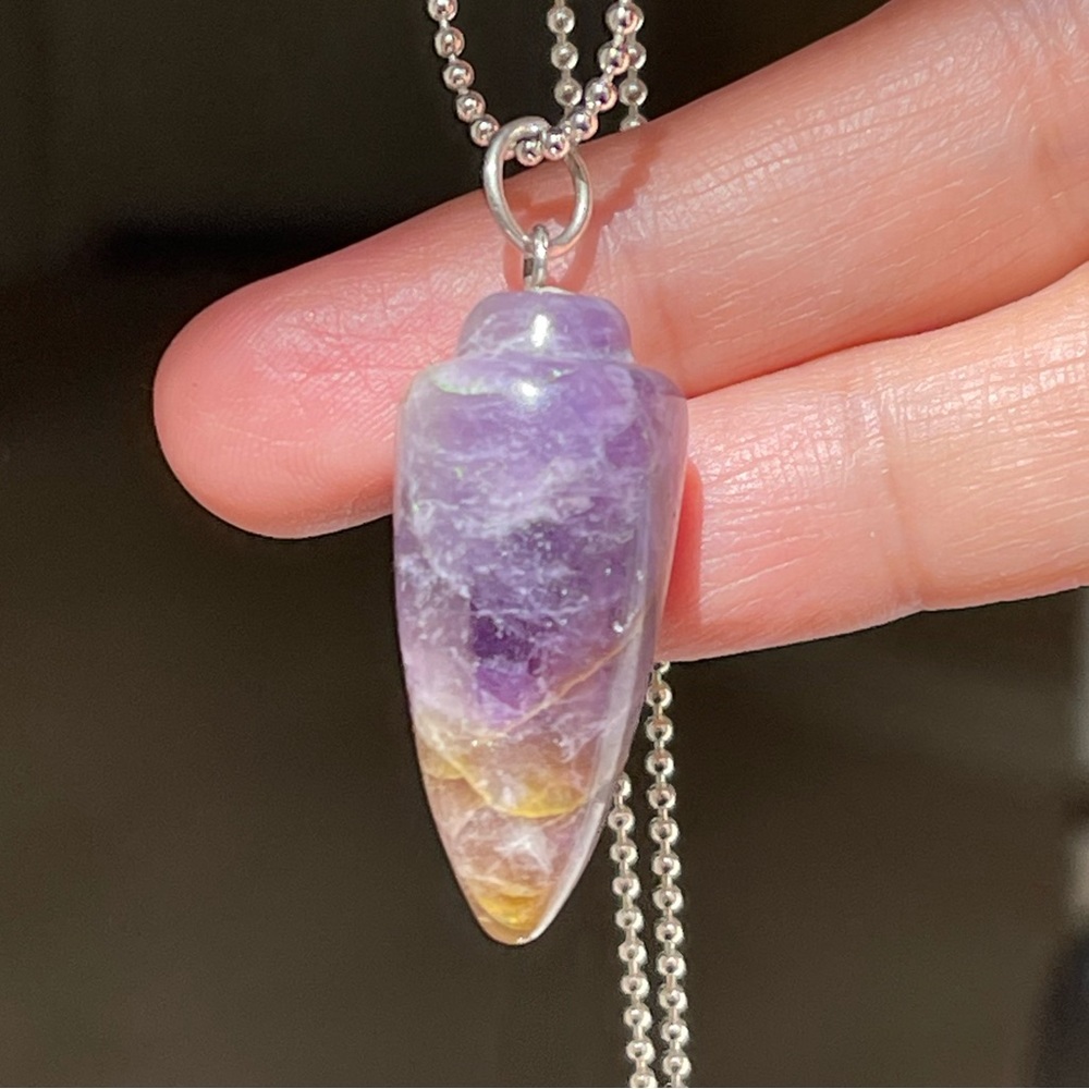 Carved natural amethyst bullet pendant silver pendant & chain